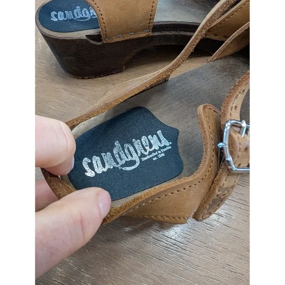 Sandgrens Saragasso Classic Clogs Women's 39 Tan Leather Wooden MaryJane Swedish - Picture 7 of 11
